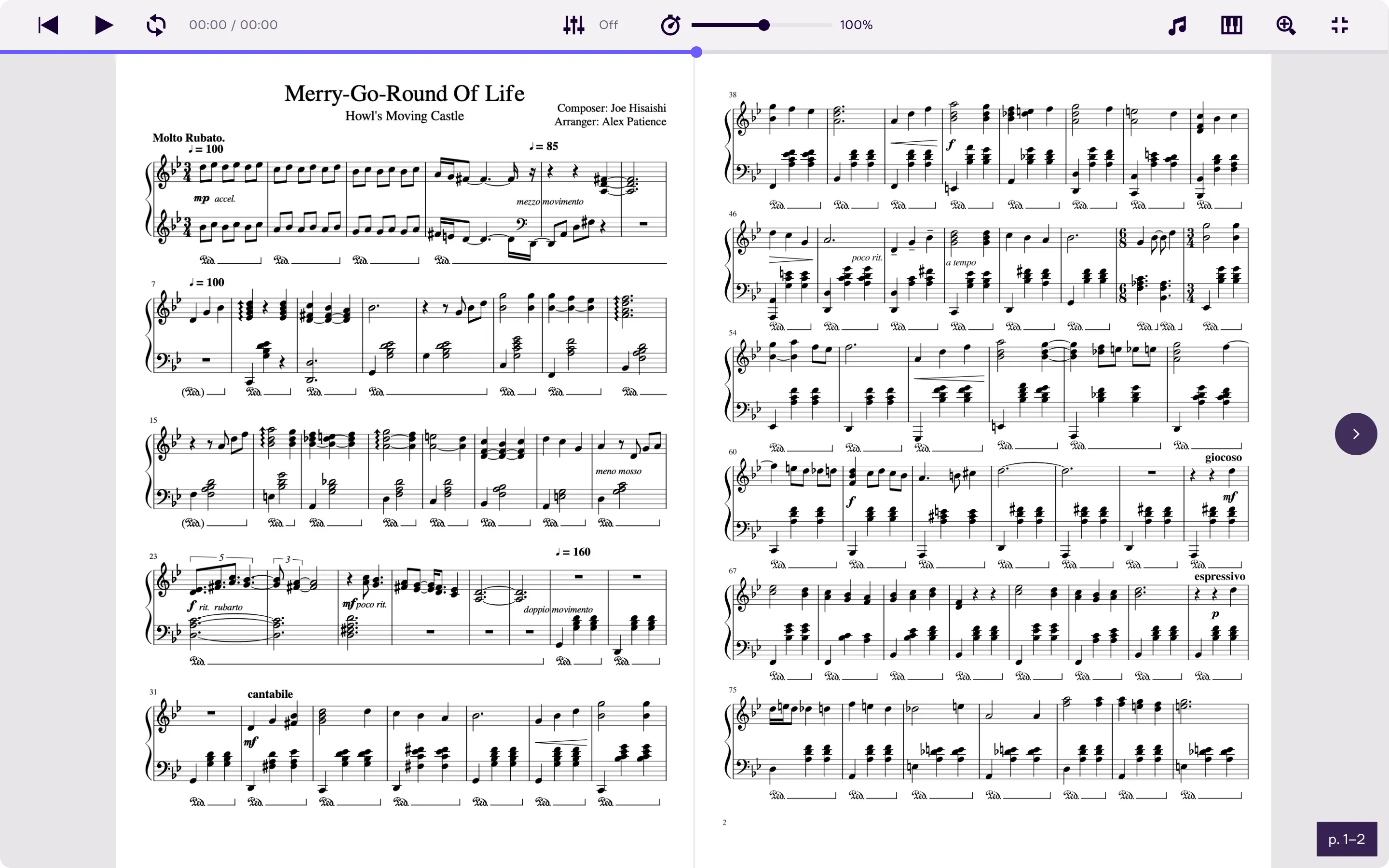 Two-page piano sheet music titled 'Merry-Go-Round Of Life' from Howl's Moving Castle, composed by Joe Hisaishi and arranged by Alex Patience.