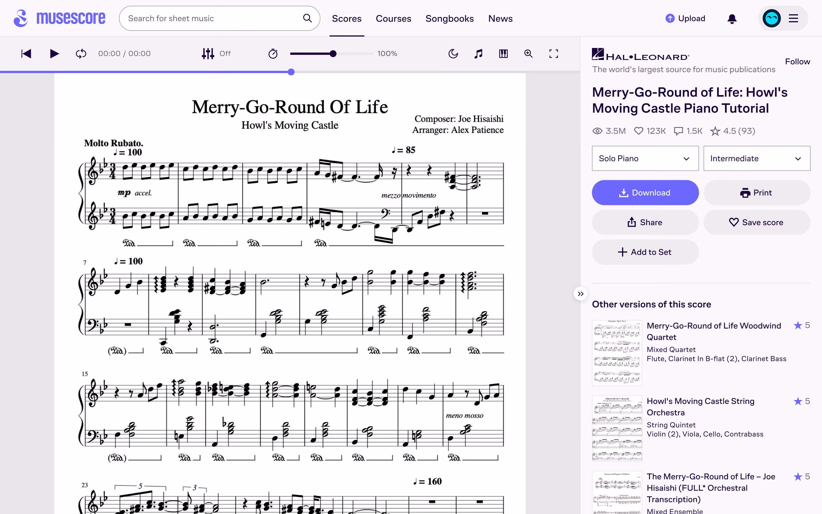 Sheet music for 'Merry-Go-Round Of Life' from Howl's Moving Castle by Joe Hisaishi, arranged by Alex Patience, showing piano notation with tempo markings and dynamics.