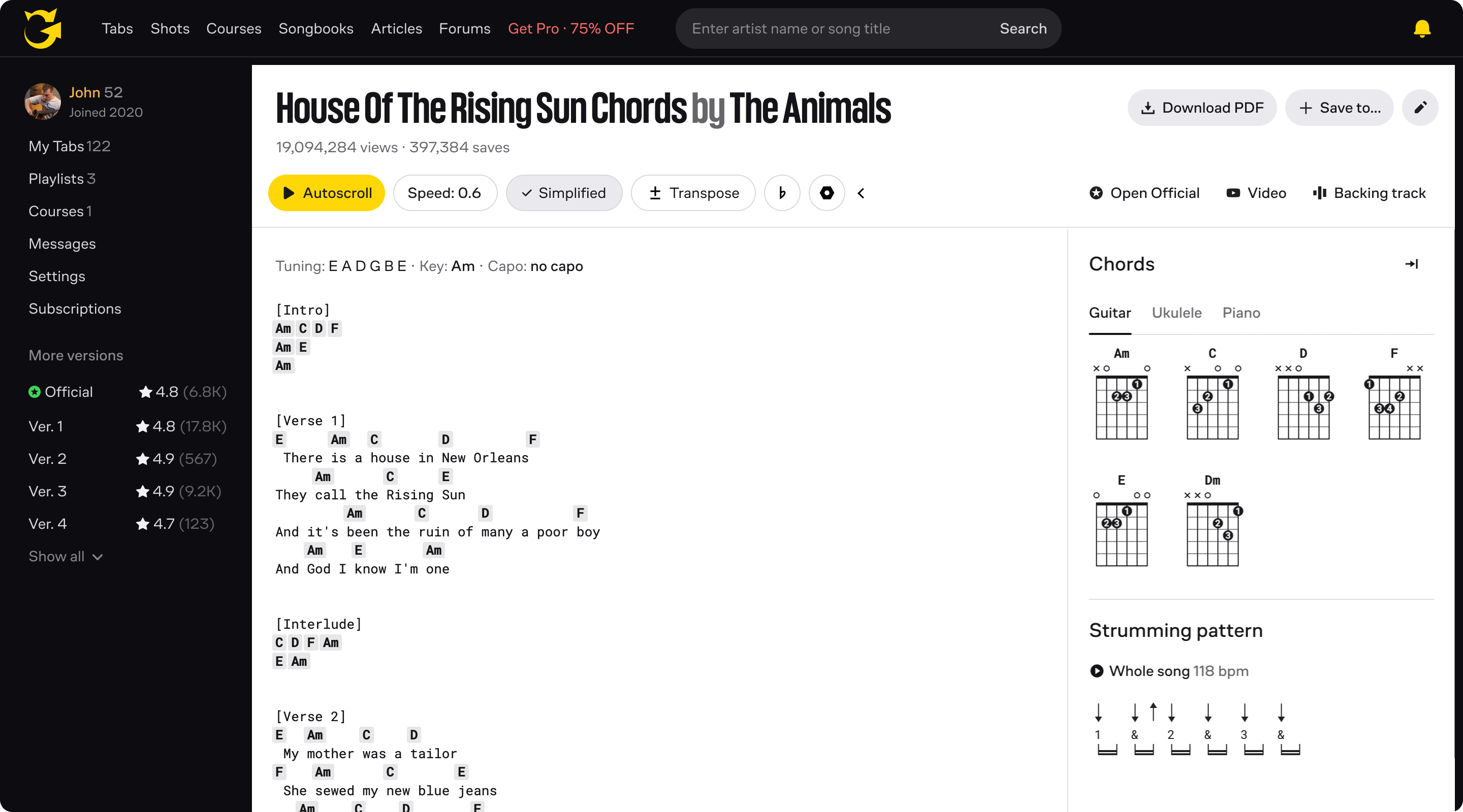 Guitar chords and lyrics for 'House Of The Rising Sun' by The Animals, showing chord diagrams for Am, C, D, F, E, and Dm, with a strumming pattern and autoscroll feature on a music tab website.