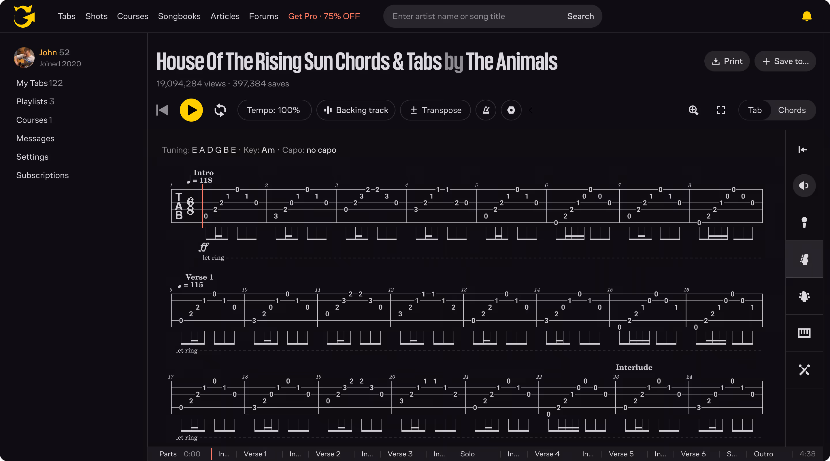 Guitar tablature and chords for 'House Of The Rising Sun' by The Animals displayed on a music website interface with playback controls and navigation menus.