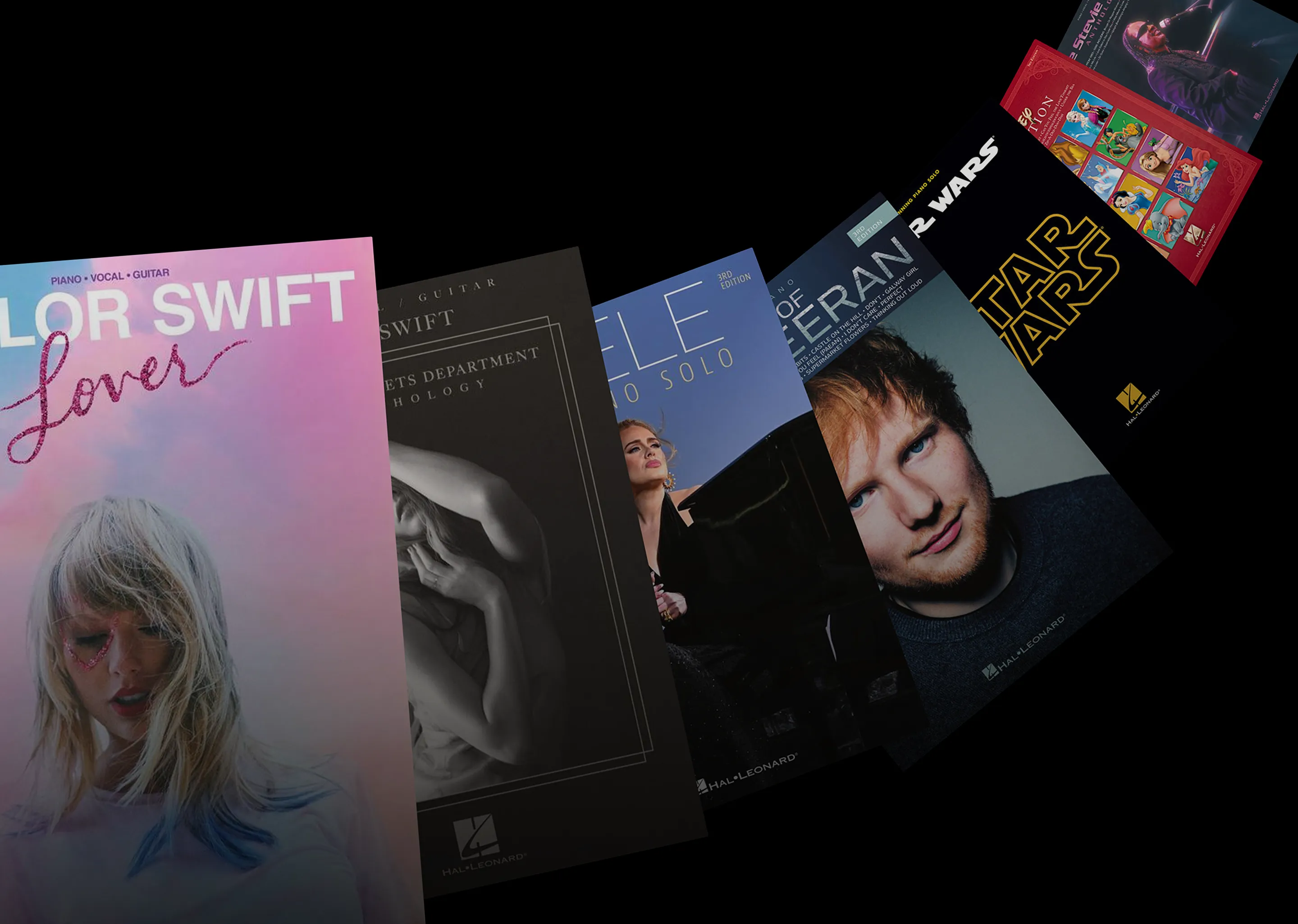 Cropped covers of piano solo sheet music featuring artists Taylor Swift, Adele, Ed Sheeran, and Star Wars theme.