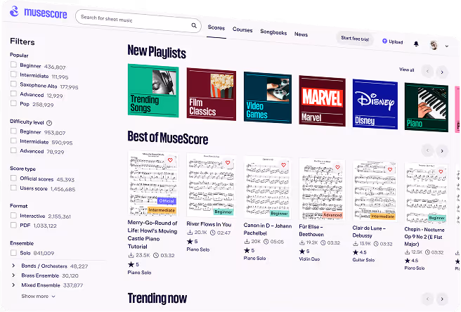 MuseScore website interface showing filters, new playlists including Trending Songs and Marvel, and best sheet music scores like Merry-Go-Round of Life and River Flows In You.