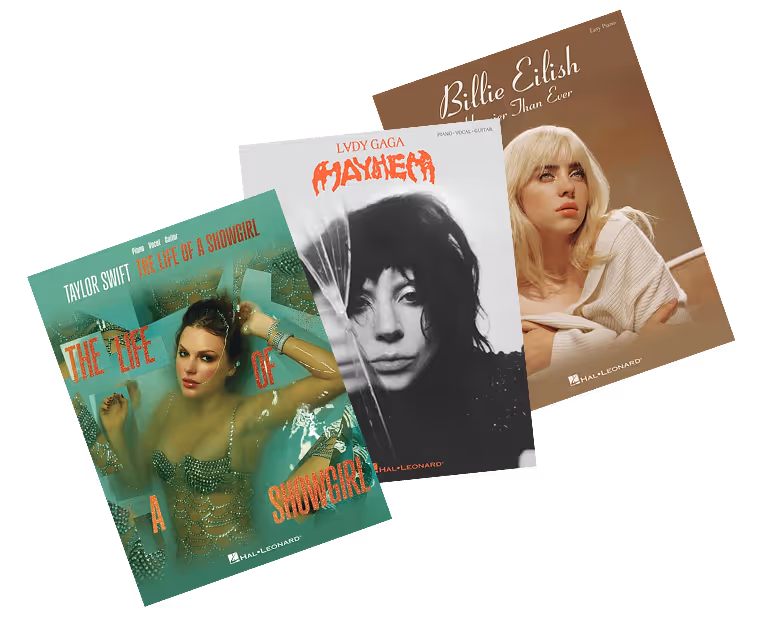 Sheet music books featuring Taylor Swift's The Life of a Showgirl, Lady Gaga's Mayhem, and Billie Eilish's Happier Than Ever.