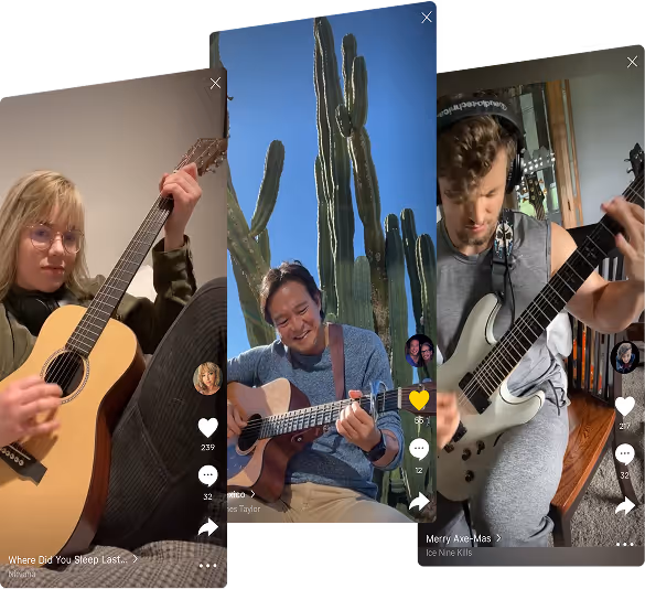 Three TikTok videos showing individuals playing guitars in different settings: indoors with an acoustic guitar, outdoors near tall cacti with an acoustic guitar, and indoors with an electric guitar.