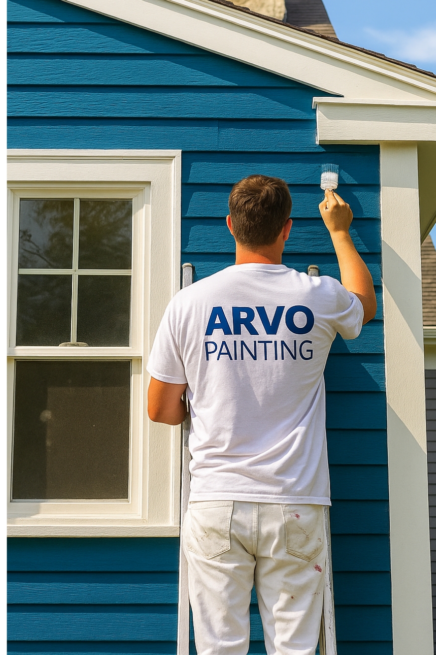 Arvo Painting worker painting house exterior siding