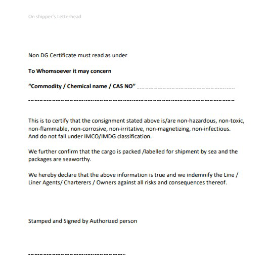 Preparation and Documentation For Non DG Declaration