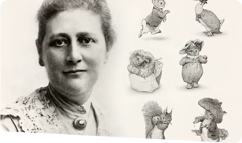 Fotografia de Beatrix Potter em preto e branco e alguns dos desenhos das histórias