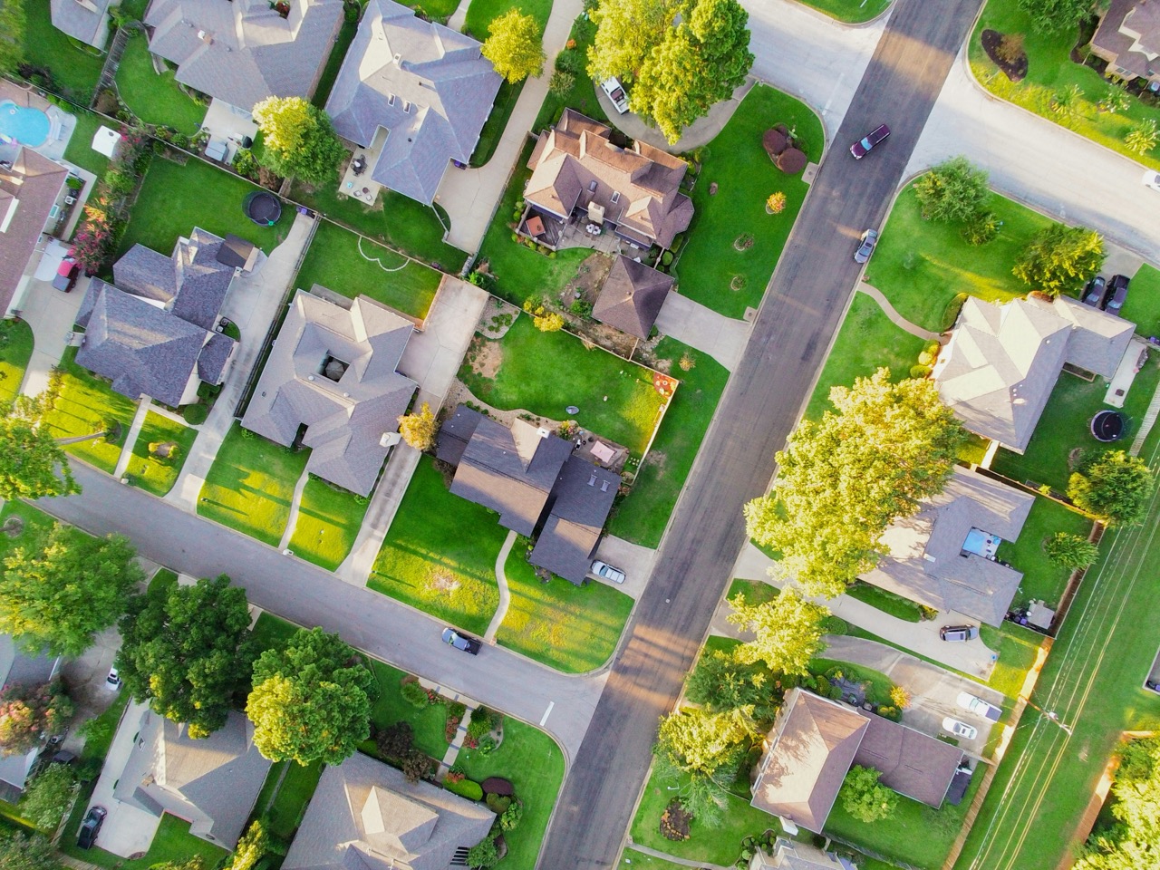Aerial view of a suburban neighborhood
