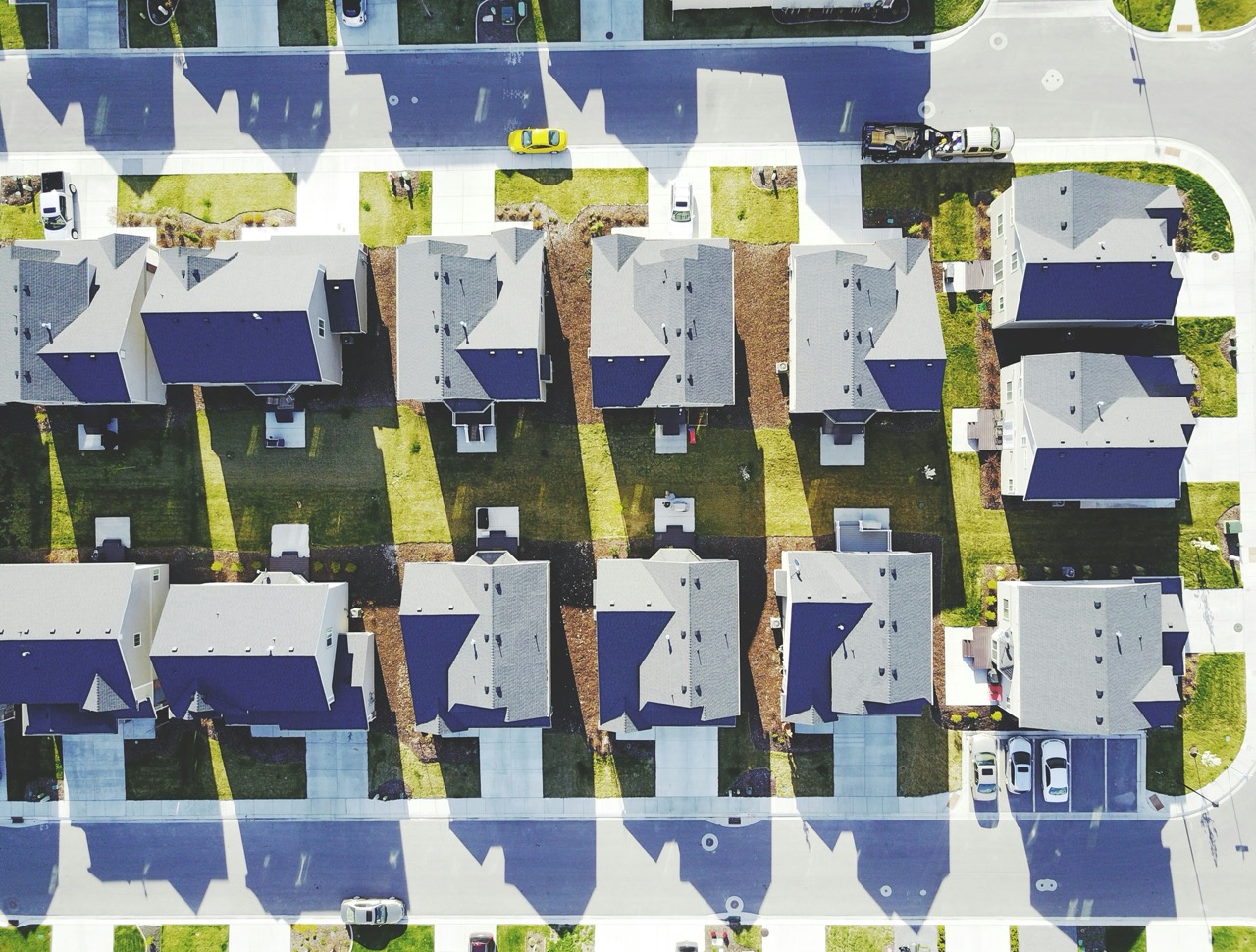Aerial view of suburban neighborhood homes