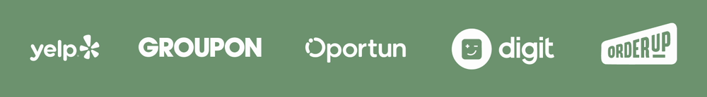A scrolling bar with yelp, groupon, oportun, OrderUp, and digit company logos