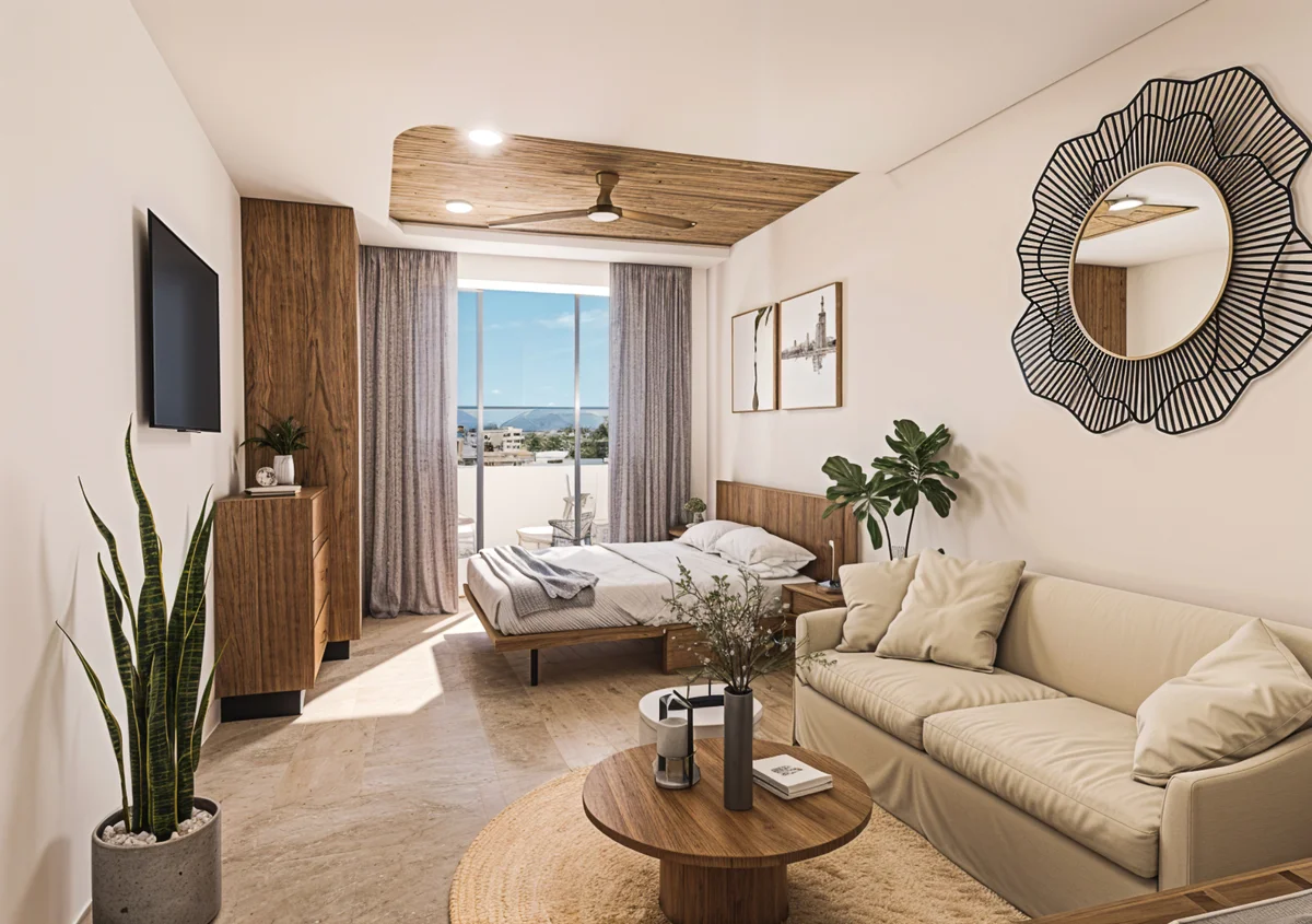 A bottom-right view of a Couch featuring furniture and wood.