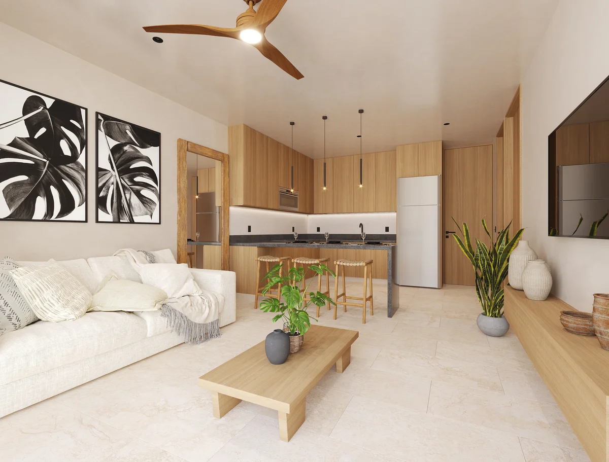 View of Open Concept Living at Endemico Kukulcan, showcasing Modern Kitchen, Light Wood Cabinetry.