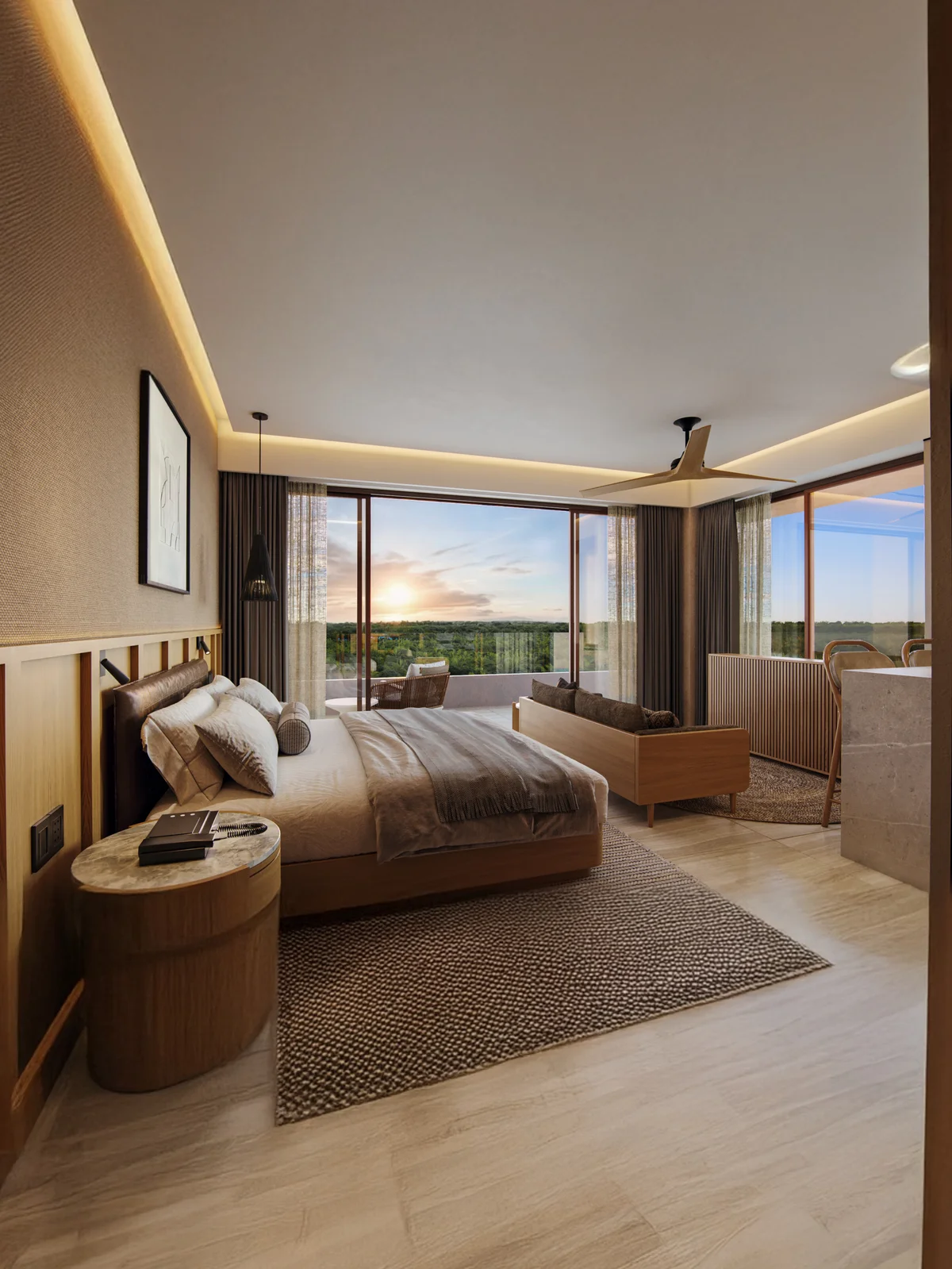 Image of a Master Bedroom, featuring Private Balcony and Sunset View.