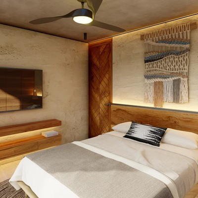 Image of a Bedroom, featuring Natural Wood Finishes and Bohemian Decor.