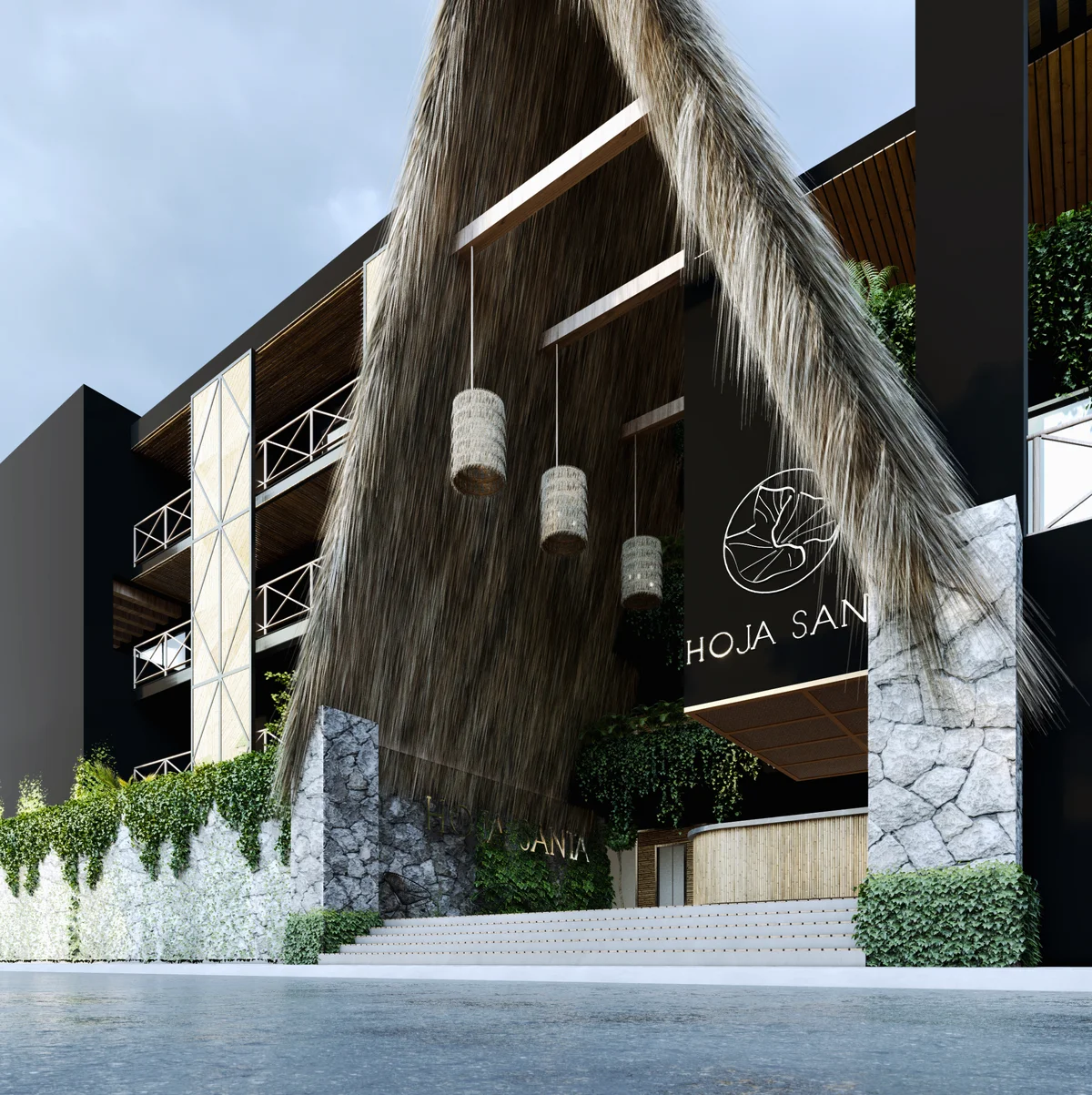 Image of a Modern Tropical Architecture, featuring Thatched Roof Entrance and Stone Accent Walls.