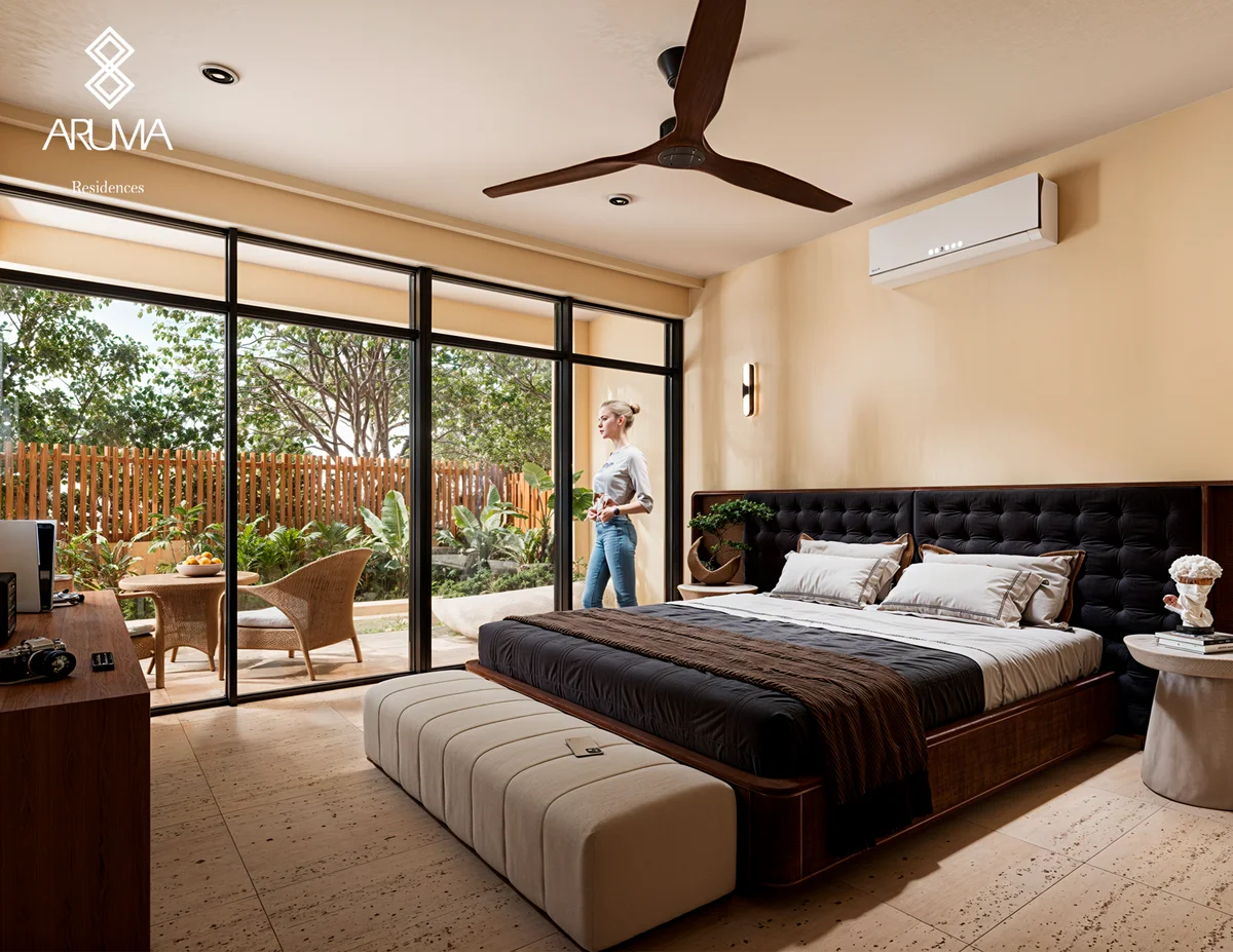 Image of a Master Bedroom, featuring Private Patio and Floor-to-Ceiling Windows.