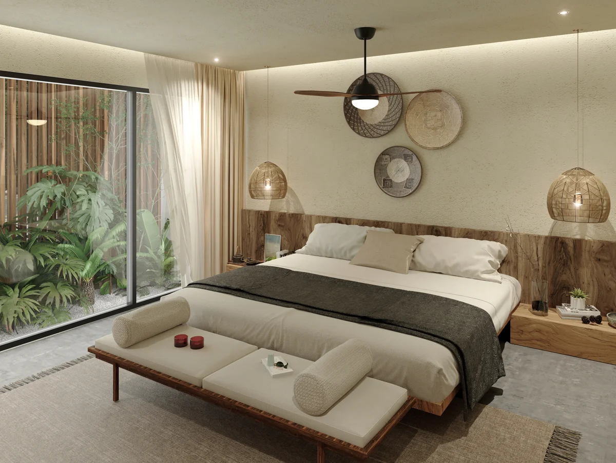 Image of a Master Bedroom, featuring Bohemian Decor and Floor-to-Ceiling Windows.