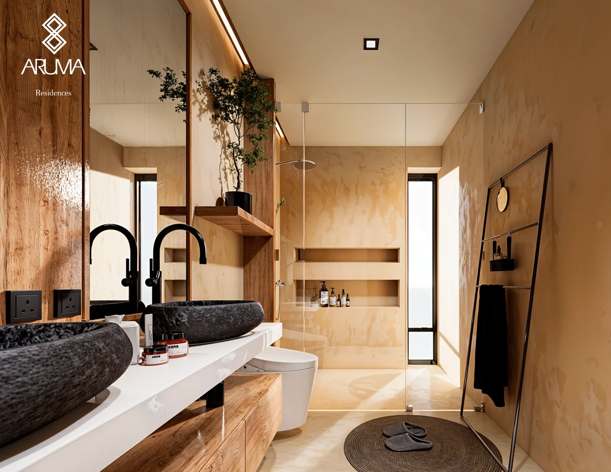 View of Modern Bathroom at Aruma, showcasing Stone Sinks, Double Vanity.