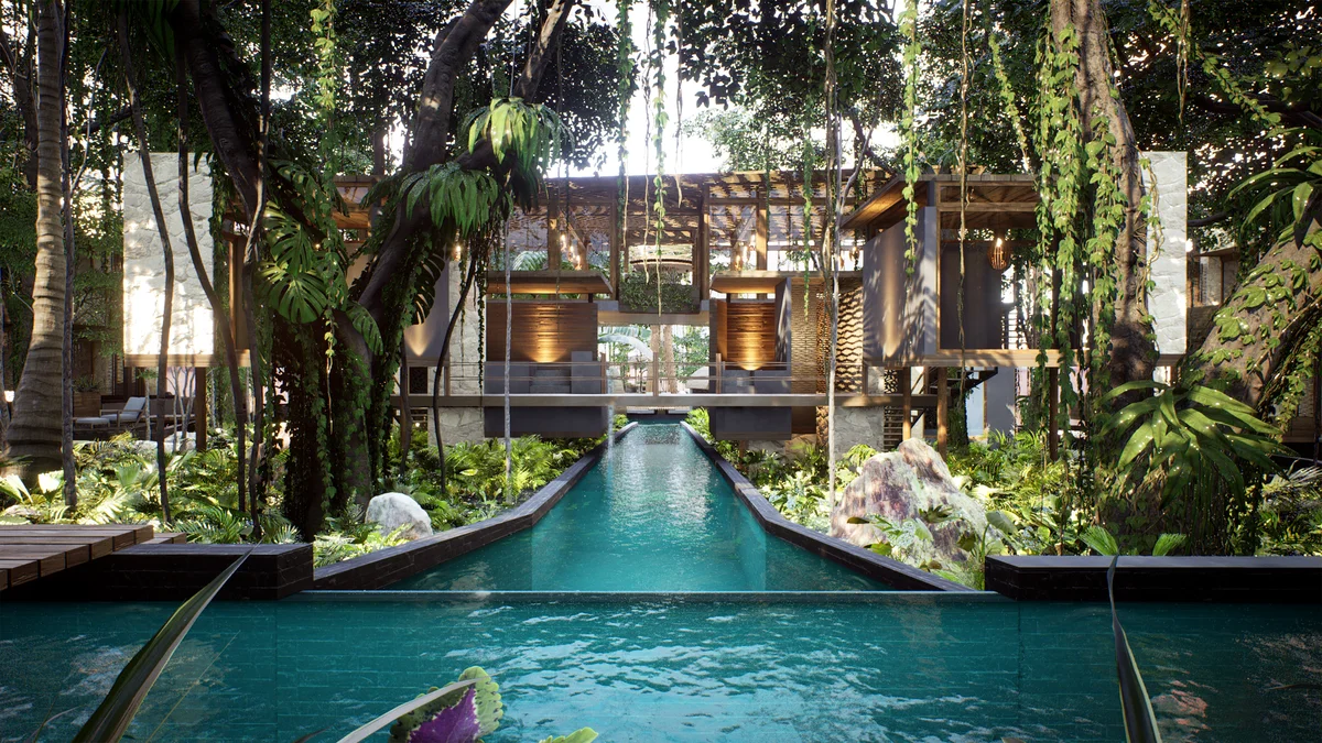 Image of a Jungle Villa, featuring Tropical Architecture and Lush Garden.