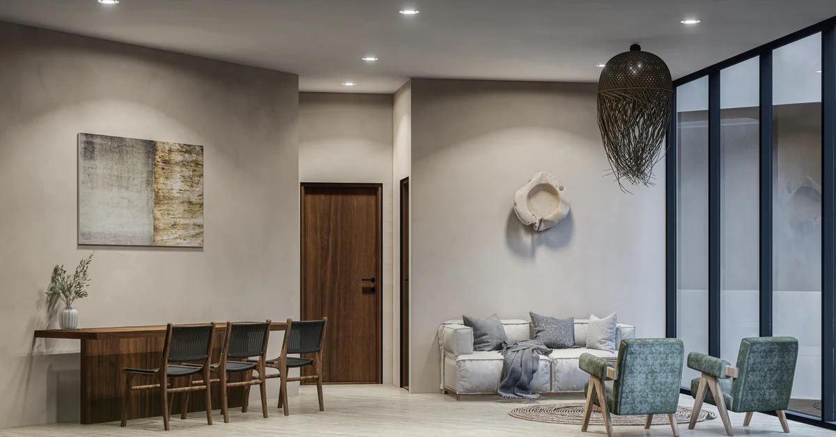 View of Modern Living Room at Ixchel, showcasing Minimalist Interior Design, Open Concept Living.