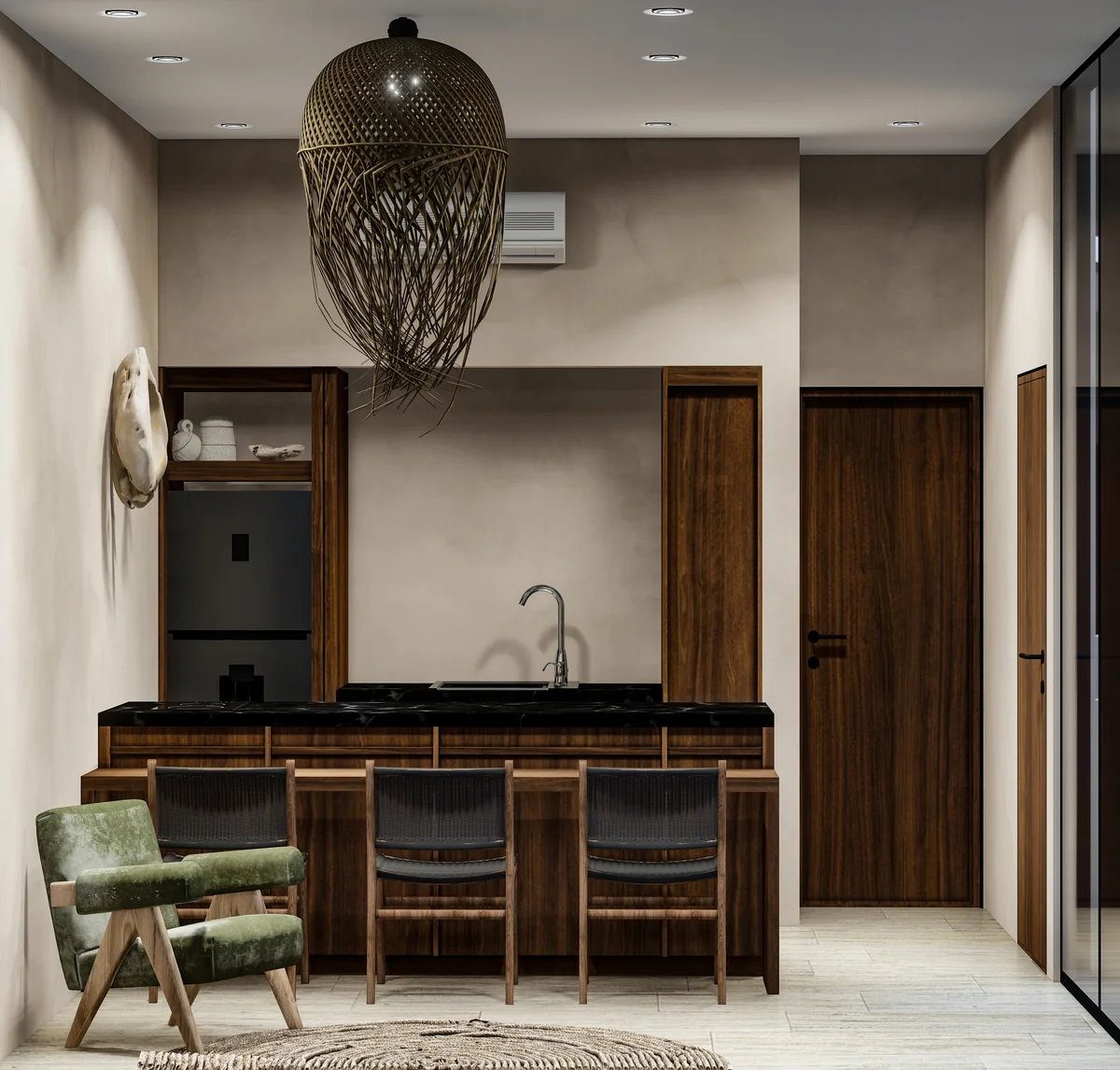 Image of a Kitchenette Bar, featuring Bohemian Decor and Woven Pendant Light.