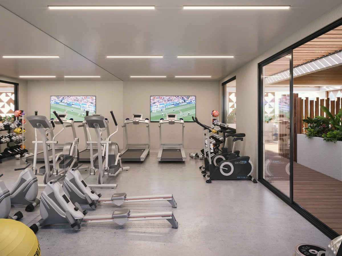 Image of Gym at Vibbe, featuring Fitness Center, Modern Gym.