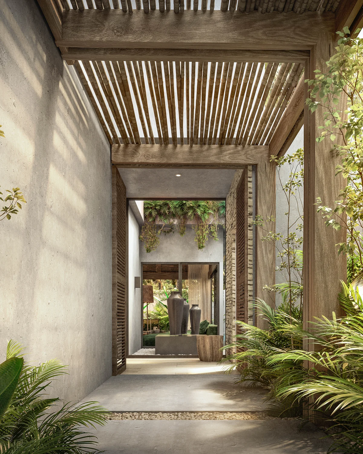 Image of a Wooden Pergola, featuring Lush Landscaping and Indoor-Outdoor Living.