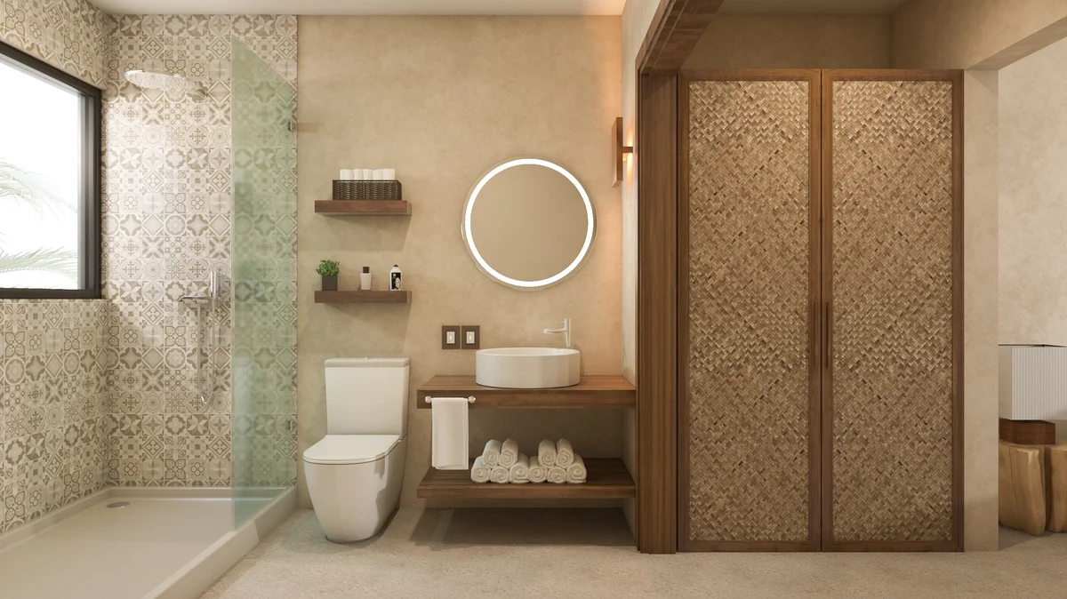 View of Modern Bathroom at Xkaa Downtown, showcasing Walk-in Shower, Vessel Sink.