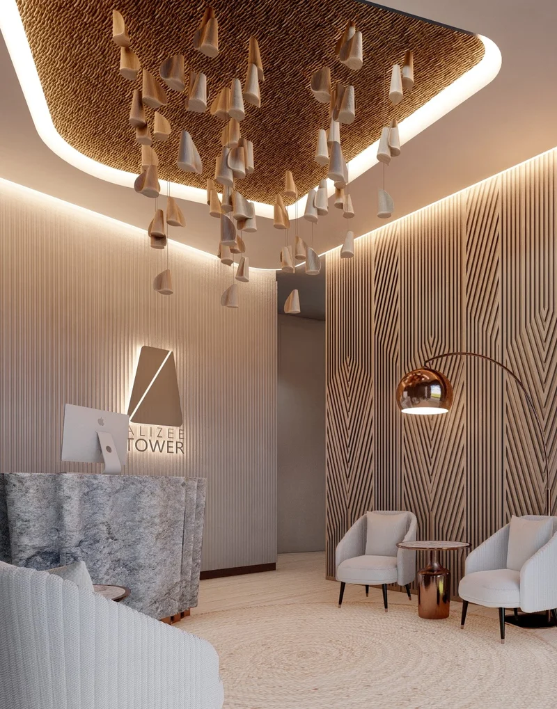Image of a Designer Lobby, featuring Stone Reception Desk and Wood Accent Wall.