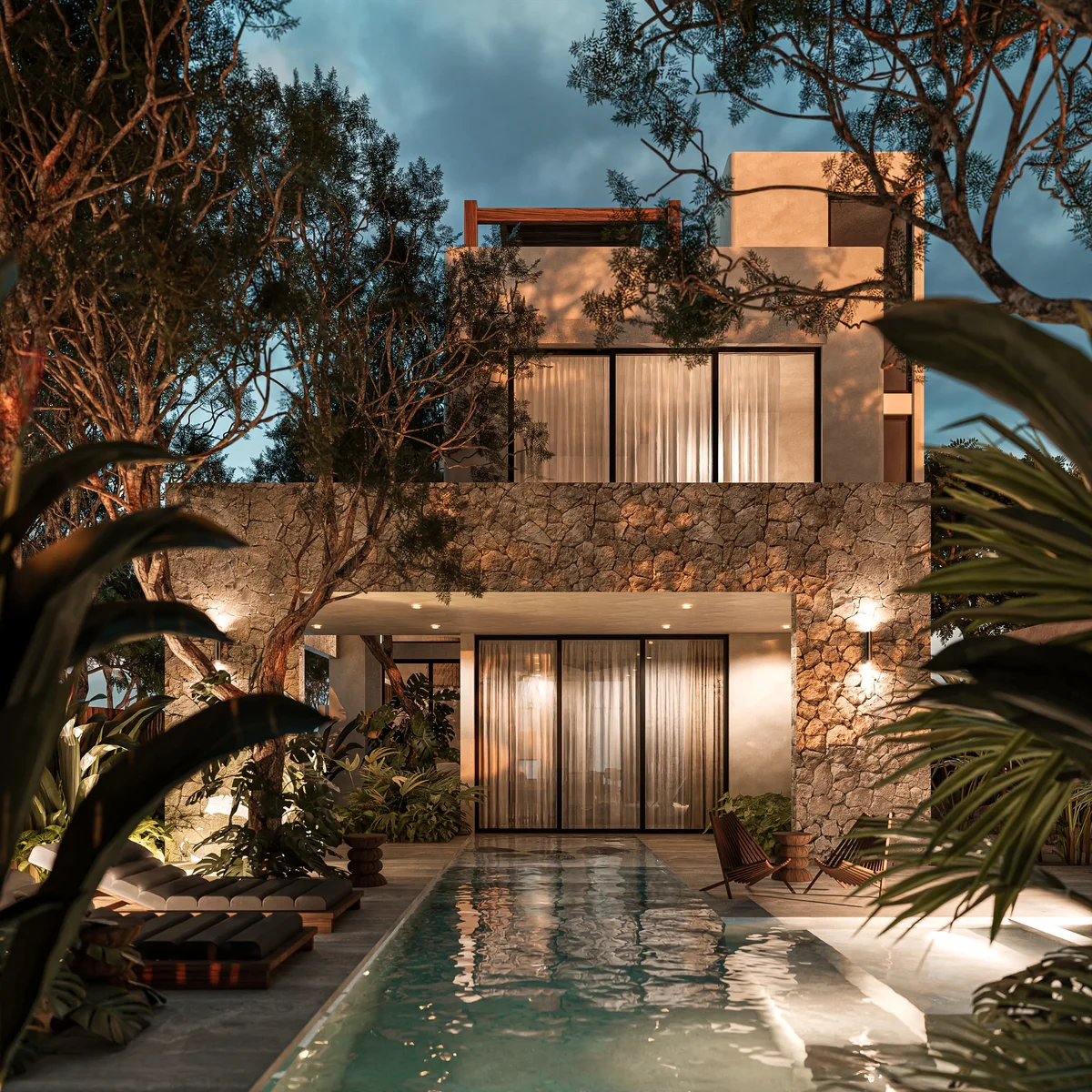 Image of a Private Pool, featuring Lush Garden and Modern Villa.