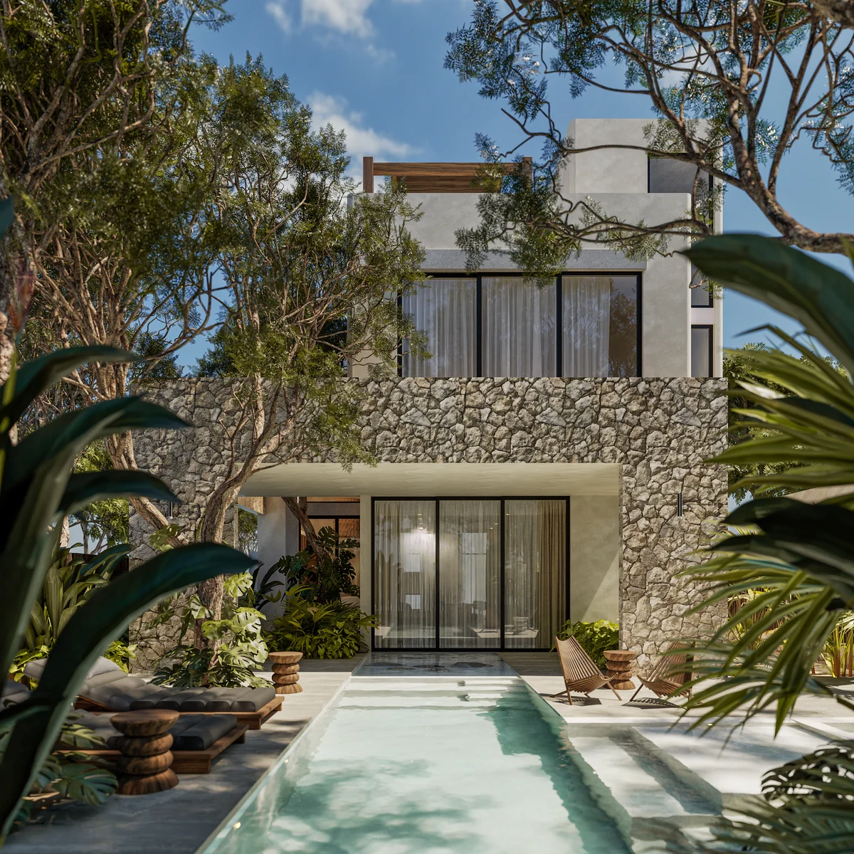 Image of a Private Pool, featuring Lush Garden and Stone Wall Facade.