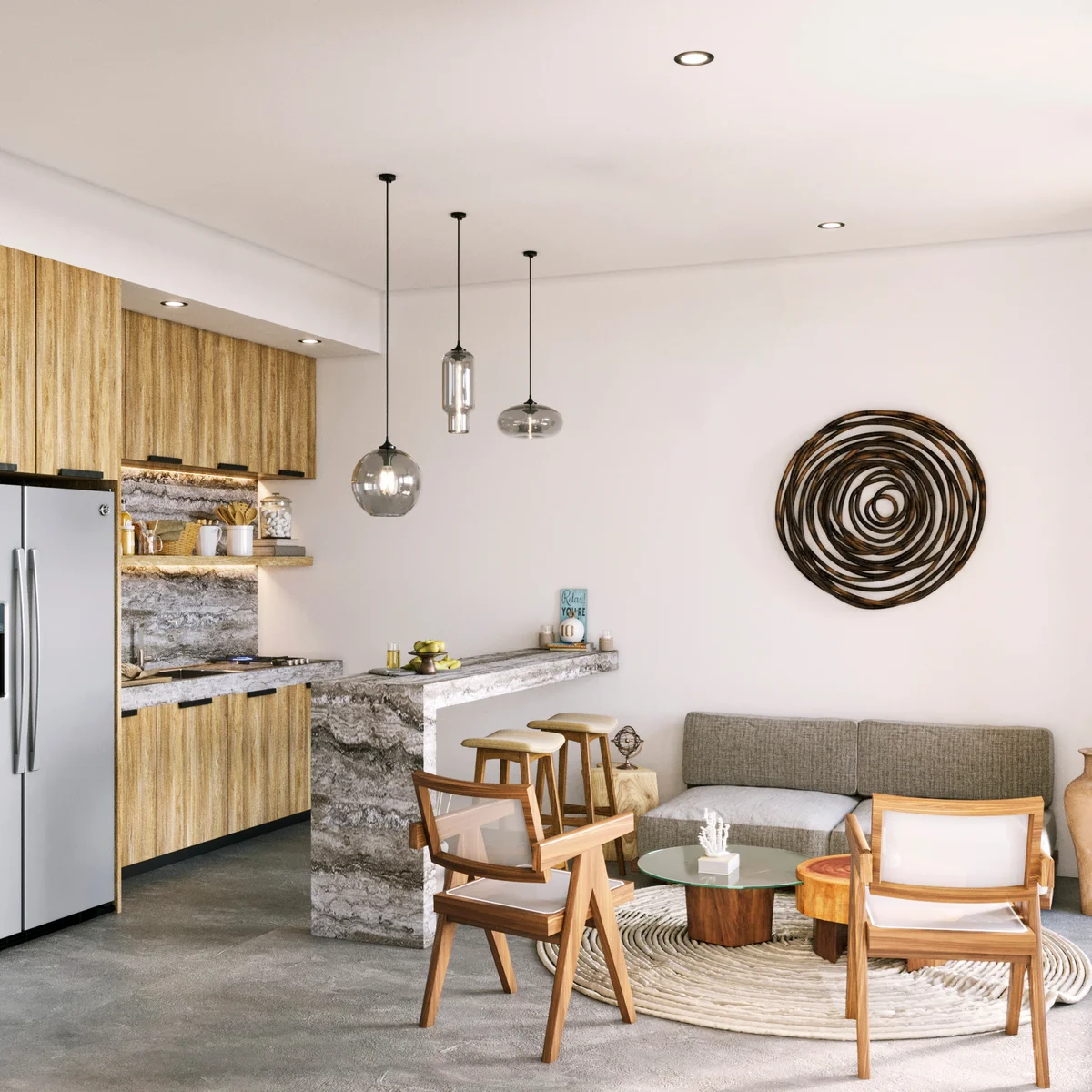 Image of a Open Concept Living, featuring Modern Kitchen and Marble Countertops.