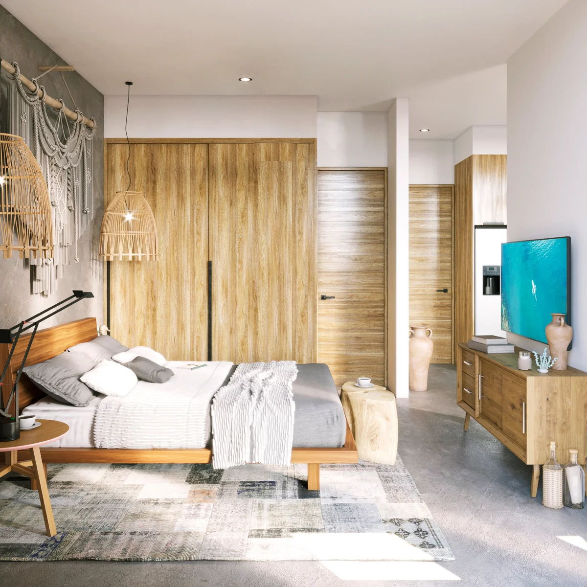 Image of a Studio Apartment, featuring Bohemian Decor and Natural Wood Finishes.