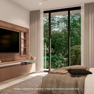 Image of a Modern Bedroom, featuring Built-in Entertainment Center and Wood Paneling.