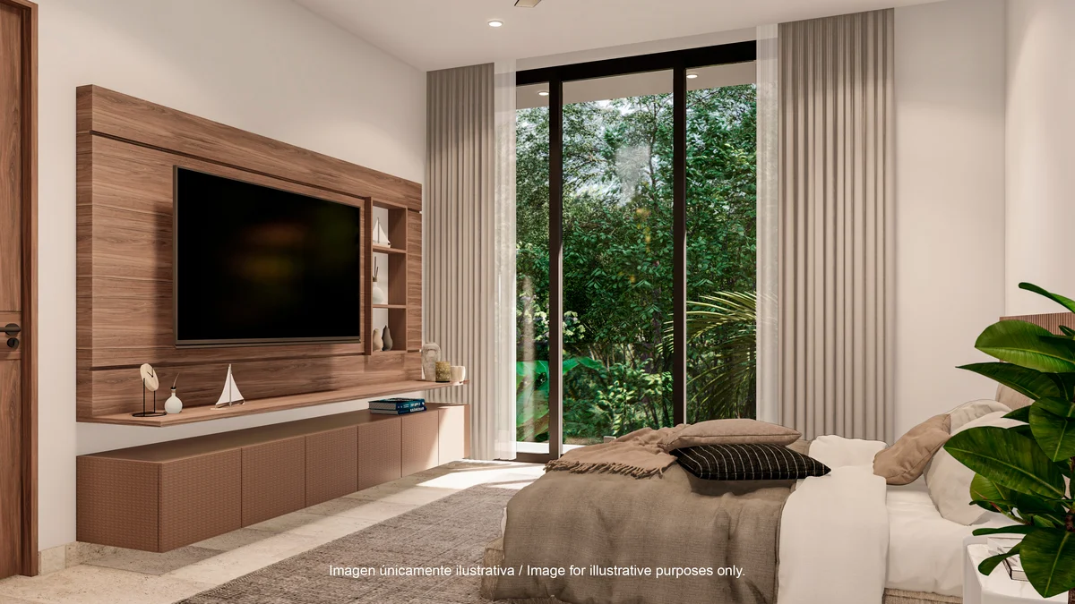 Image of a Modern Bedroom, featuring Built-in Entertainment Center and Wood Paneling.