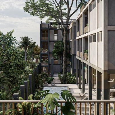 Image of a Modern Architecture, featuring Lush Landscaping and Private Balconies.