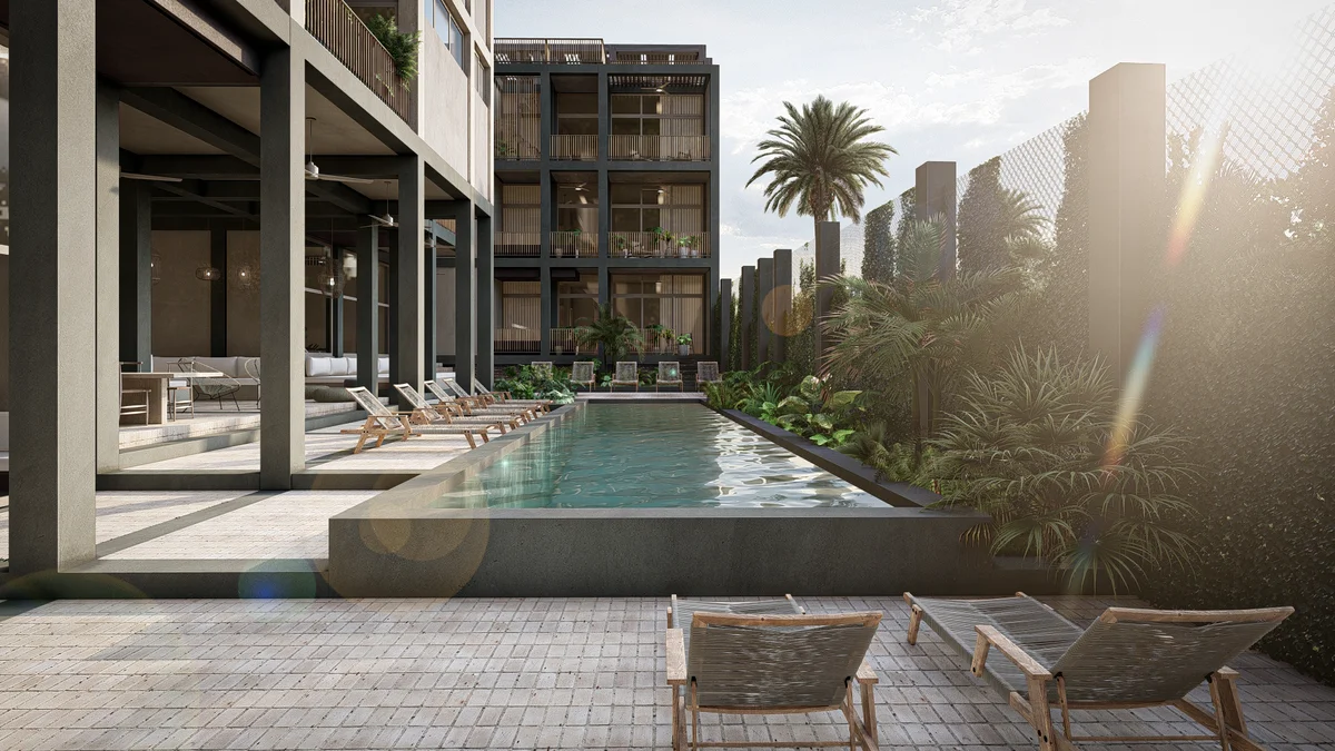 Image of a Resort-Style Pool, featuring Covered Outdoor Lounge and Stone Paver Sundeck.