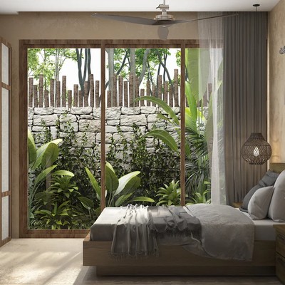 Image of a Bedroom, featuring Garden View and Bohemian Decor.