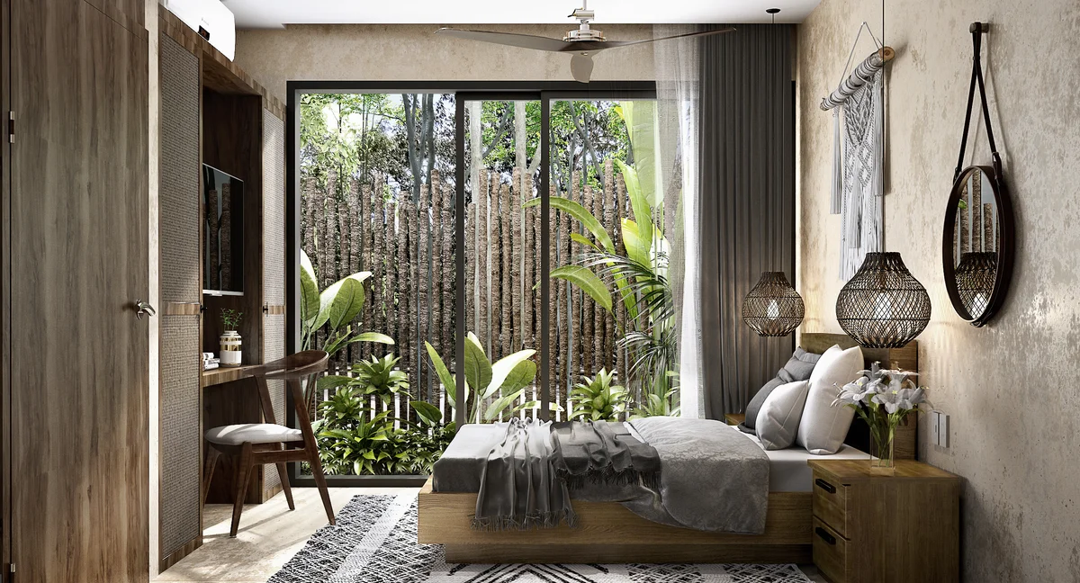 Image of a Boho-Chic Bedroom, featuring Garden View and Floor-to-Ceiling Glass Doors.