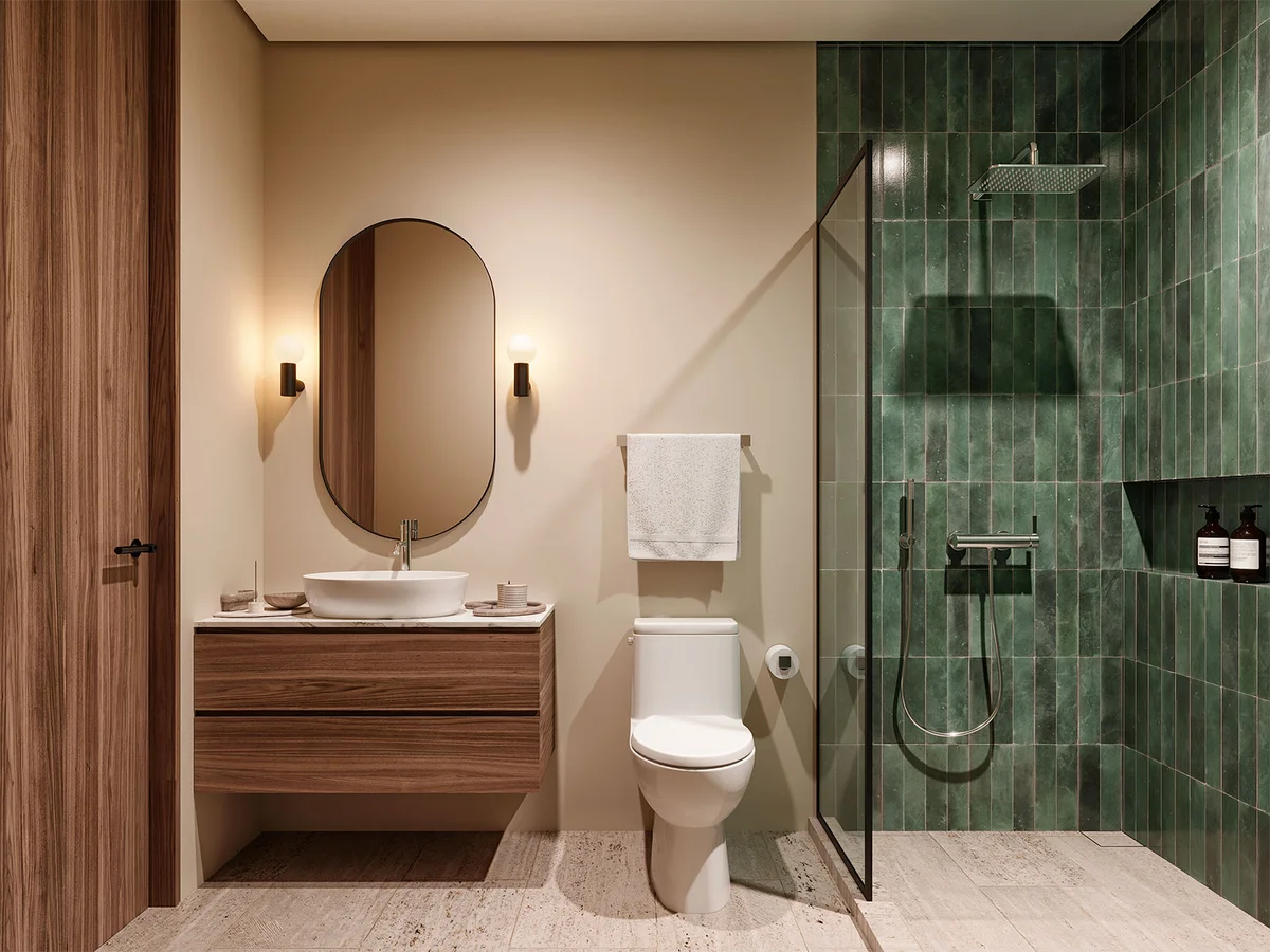 View of Modern Bathroom at Encanto de Playa, showcasing Walk-in Shower, Green Tile Shower.