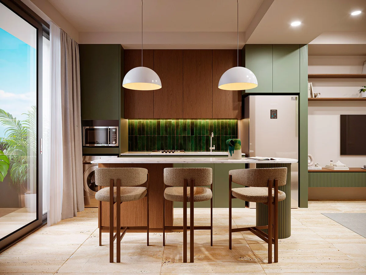 View of Modern Kitchen at Encanto de Playa, showcasing Kitchen Island, Breakfast Bar.