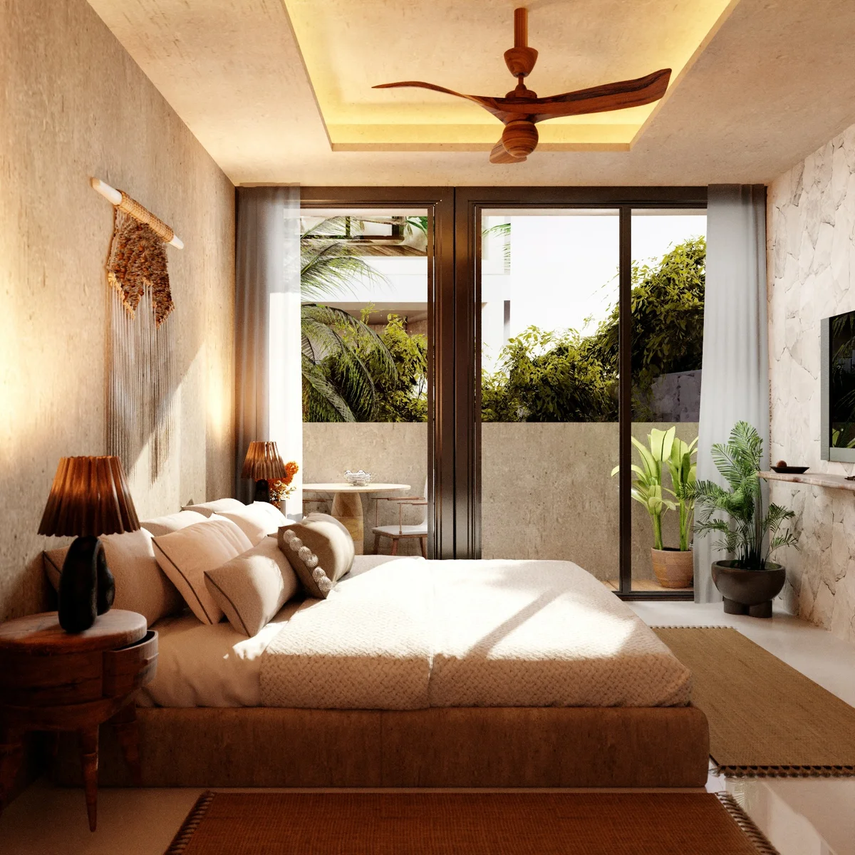 Image of a Bedroom, featuring Private Balcony and Stone Accent Wall.