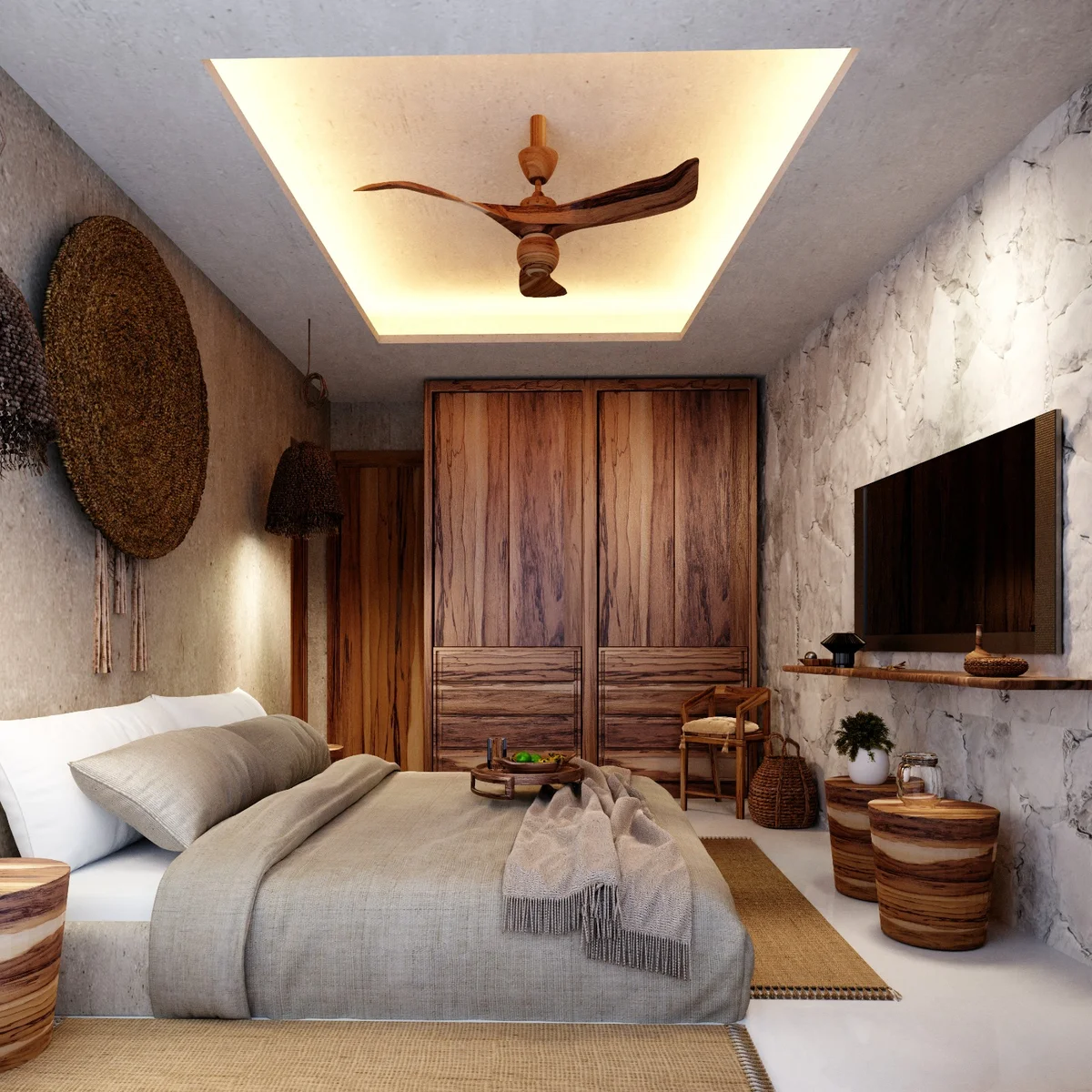 Image of a Bedroom, featuring Rustic Decor and Stone Accent Wall.