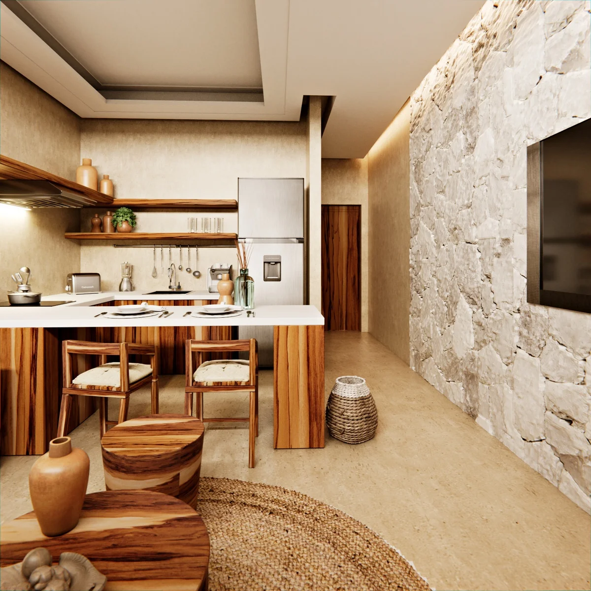 View of Open Concept Kitchen at Hunab Ku Sanctuary, showcasing Stone Accent Wall, Modern Rustic Design.