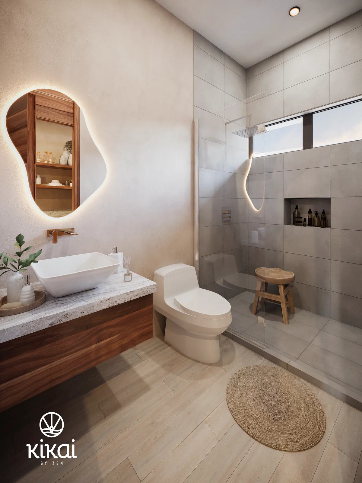 Image of a Modern Bathroom, featuring Walk-in Shower and Rainfall Showerhead.