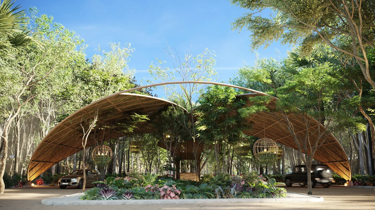 Image of a Covered Porte-Cochère, featuring Organic Architecture and Lush Garden.