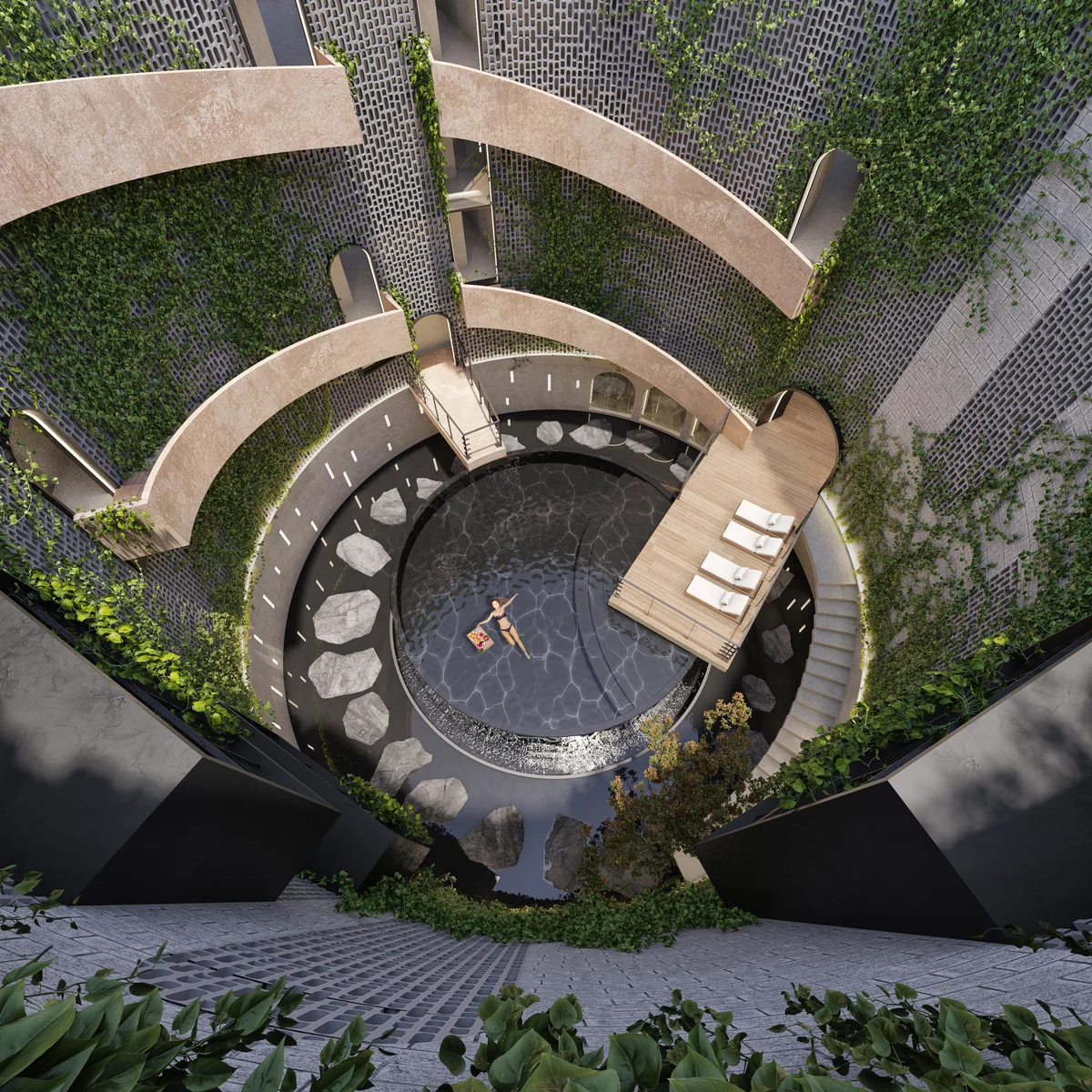 Image of a Central Courtyard Pool, featuring Sunken Atrium and Vertical Garden Walls.