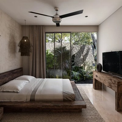 Image of a Master Bedroom, featuring Garden View and Private Patio Access.