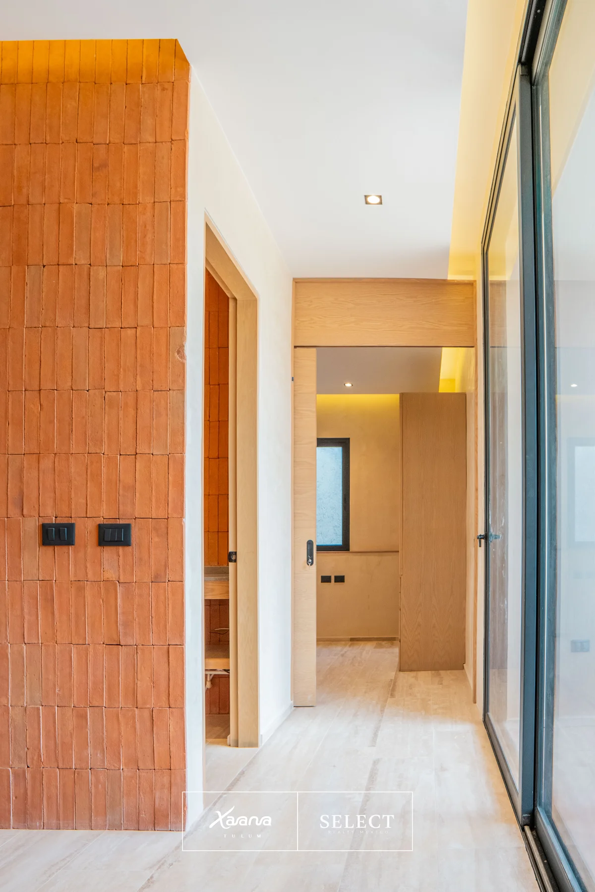 Image of a Terracotta Brick Wall, featuring Modern Interior and Light Wood Accents.