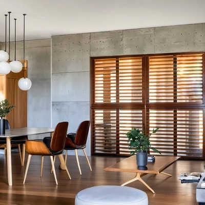 Image of a Open-Concept Living, featuring Exposed Concrete Walls and Hardwood Floors.